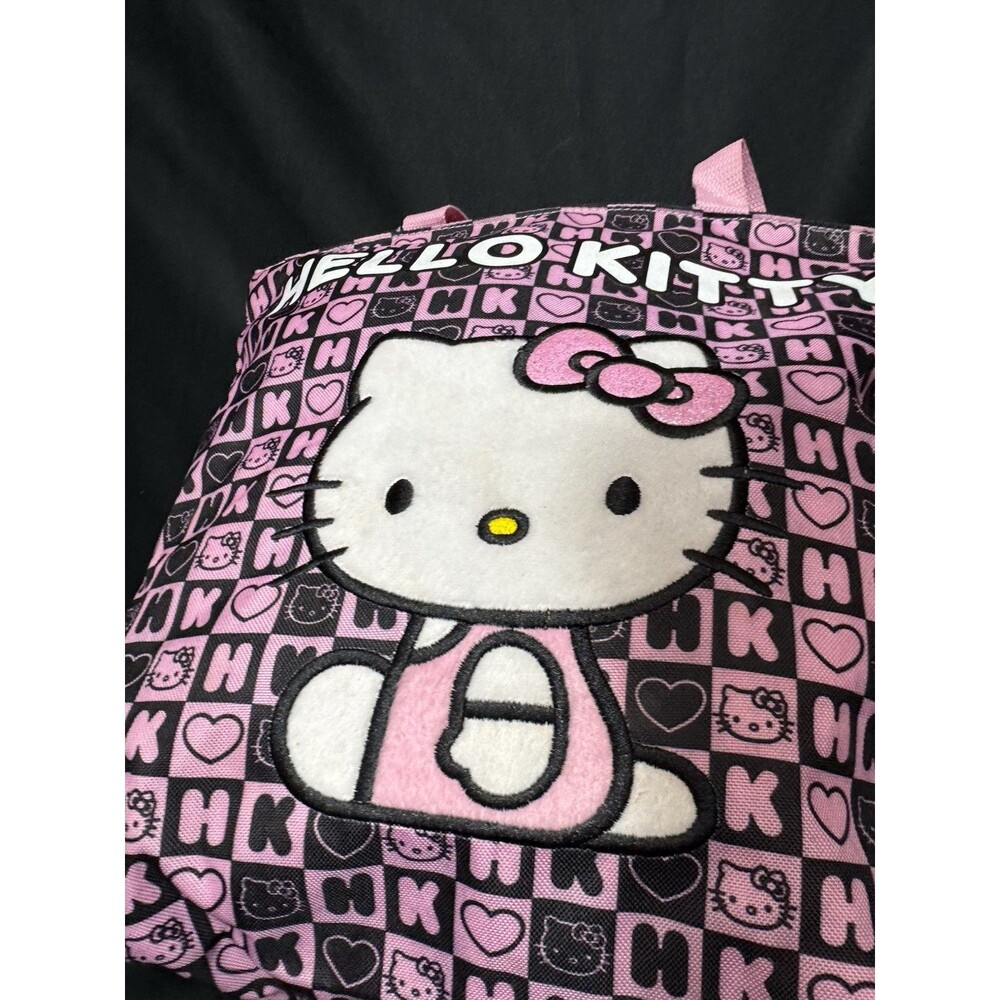 2012 Sanrio Hello Kitty Pink Black Checkered HK Hearts Tote Bag - Kawaii Embroid - Picture 3 of 11